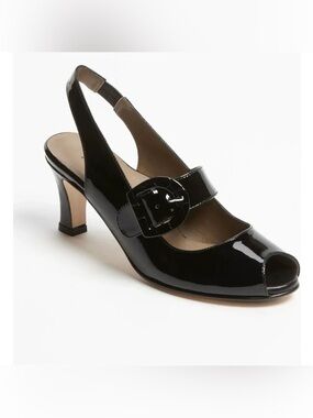 Anyi Lu Black Patent Leather Tulip Slingback Heels, size 39
